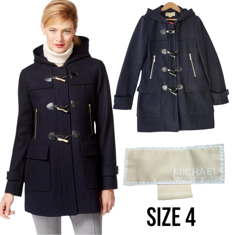 MICHAEL MICHAEL‎ KORS Full Zip Wool Blend Navy Hooded Winter Coat Horn Buttons